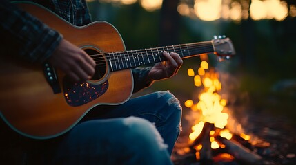 Obraz premium Person playing acoustic guitar near a campfire at twilight.