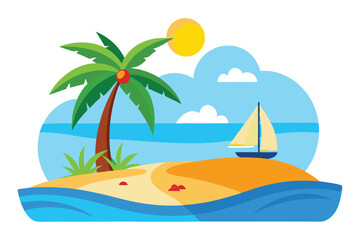 Obraz premium Bright sun shines above the serene tropical island with a sailboat and palm tree