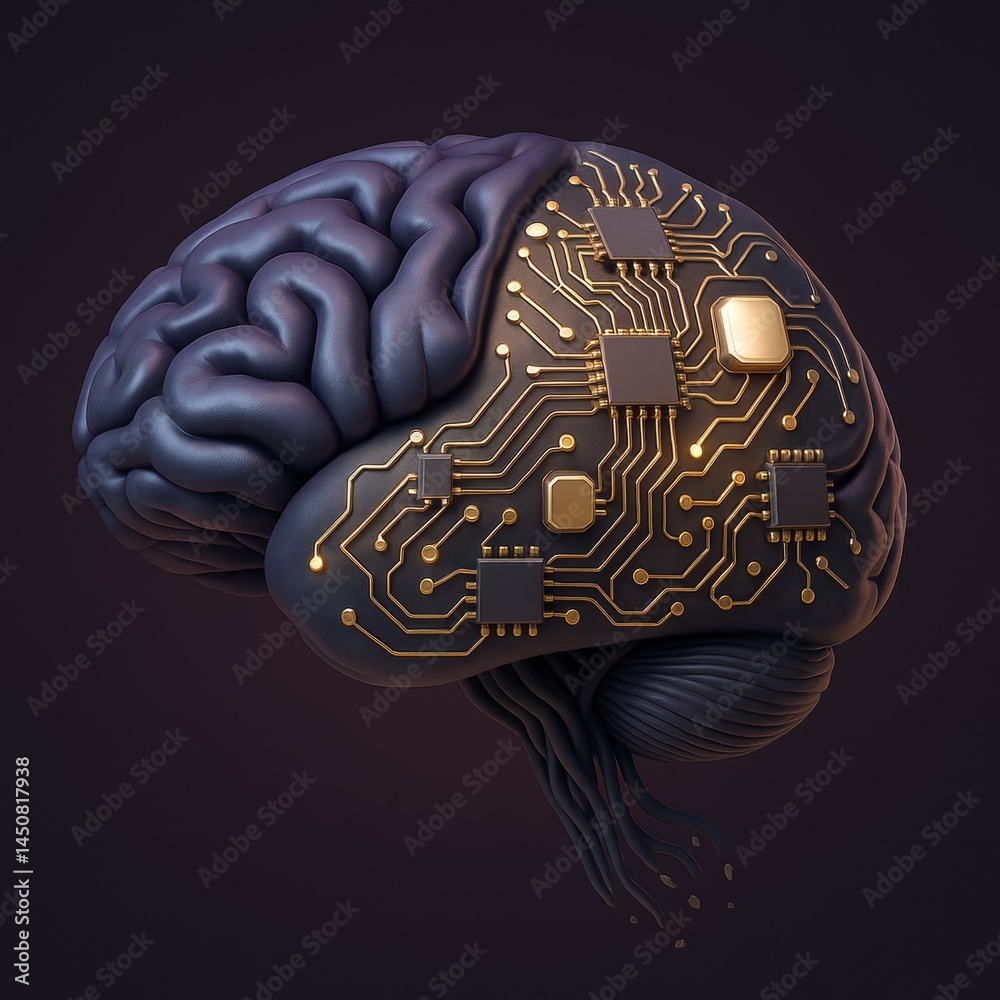 Poster human brain merging with golden printed circuit board showing the concept of artificial intelligence