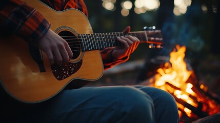 Fototapeta premium Person playing acoustic guitar by a campfire at dusk.