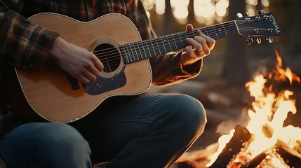 Fototapeta premium A man plays an acoustic guitar by a campfire.