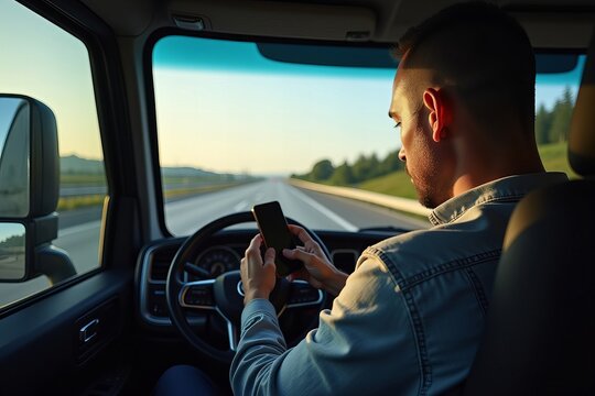 Truck driver caught texting on mobile phone while driving on interstate highway