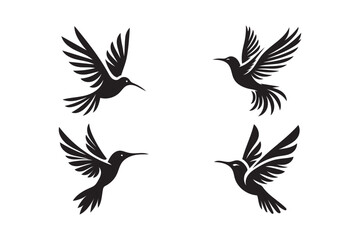 Set of Black Hummingbird Silhouettes, Elegant Flying Bird Vector Icons.