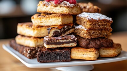 A magnificent tower of rich brownies, each layer accented by luscious chocolate and topped with fresh raspberries, representing the sweet satisfaction of dessert indulgence.