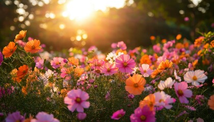 Fototapeta premium Colorful cosmos flowers in a field at sunset