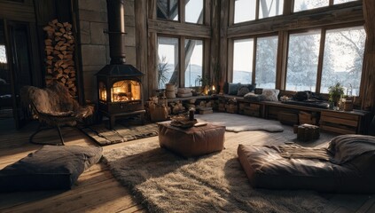 Cozy winter cabin living room with fireplace and large windows.  Rustic decor, warm lighting, and plush seating