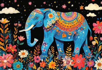 Fototapeta premium a vibrant blue elephant adorned with intricate orange and teal patterns stands amidst a lush garden of colorful flowers under a starry night sky.