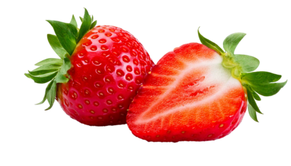 Bitten strawberry, fresh and juicy, revealing its vibrant red interior, set against a clean, transparent white background, the bite mark enhancing its natural allure, creating a striking and appetizin
