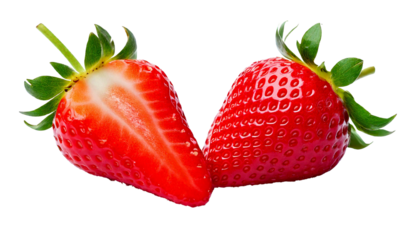 Bitten strawberry, fresh and juicy, revealing its vibrant red interior, set against a clean, transparent white background, the bite mark enhancing its natural allure, creating a striking and appetizin