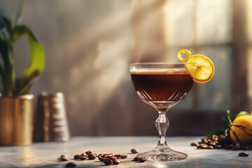 Elegant Coupe Glass Filled with Dark Carajillo Cocktail Garnished with Coffee Beans and Lemon Twist