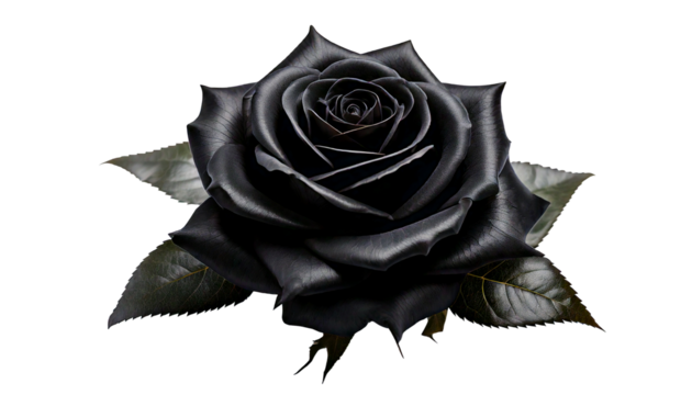 :
Rose, black, elegant, and surreal, floats delicately alone on a white transparent background, symbolizing mystery, contrast, beauty, and solitude—its petals rich in shadow, whispering secrets from a