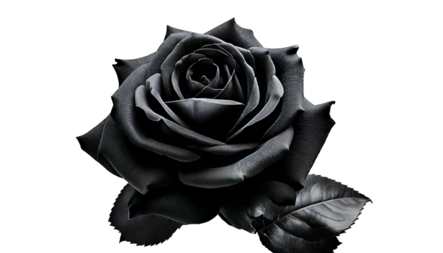 :
Rose, black, elegant, and surreal, floats delicately alone on a white transparent background, symbolizing mystery, contrast, beauty, and solitude—its petals rich in shadow, whispering secrets from a