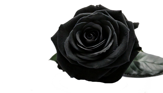 :
Rose, black, elegant, and surreal, floats delicately alone on a white transparent background, symbolizing mystery, contrast, beauty, and solitude—its petals rich in shadow, whispering secrets from a