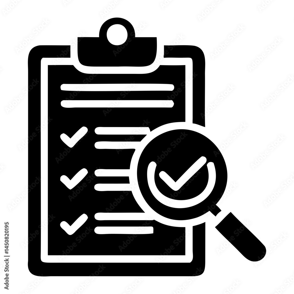 Poster checklist clipboard with magnifying glass for audit and task management process vector icon graphic 