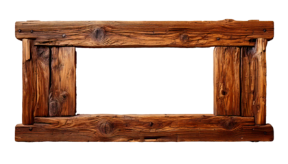 Old wooden frame, rustic and vintage, gracefully empty, standing alone with its natural texture on a pure white transparent background, awaiting its destined content, a symbol of time, elegance, and s