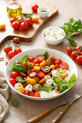 Salad with fresh cherry tomatoes, mozzarella and basil leaves