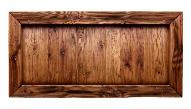 Old wooden frame crafted from dry wood, featuring a flat back surface, exudes a timeless charm. Set against a white, transparent background, this piece holds a vintage, rustic, and natural essence.