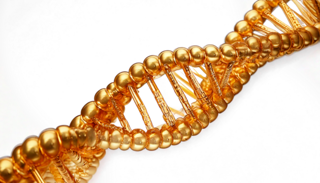 DNA, golden, isolated, elegant and radiant molecular structure, beautifully twisted helix, scientific and luxurious, detailed and symbolic, presented on a clean white transparent background, separated