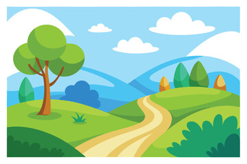 Obraz premium Cartoonish landscape displays a green hill with winding road and vibrant trees under blue sky
