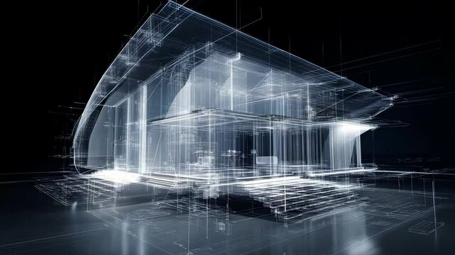 Modern futuristic house blueprint wireframe, architectural design of residential home on a dark background with translucent walls and floor plans