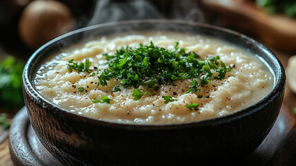 Steaming bowl of creamy soup topped with fresh parsley on rustic wooden surface