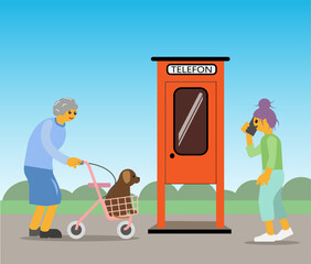 Mobile phone and a landline connection. Old and young generation.