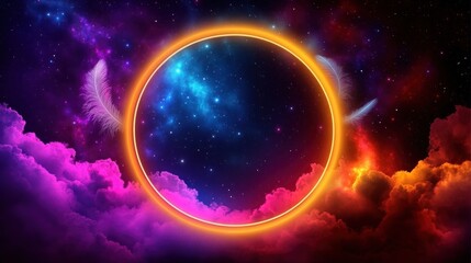 Fototapeta premium Cosmic nebula, glowing ring, feather, clouds; fantasy art background