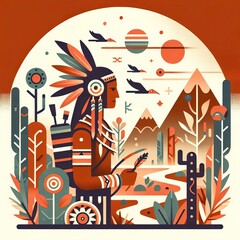 Stylized illustration of a Native American chief holding an arrow near a river, with mountains, sun, birds, and desert plants in the background