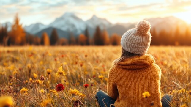 Amidst majestic mountains and a golden sunset, this delightful image of a person in a cozy knit sweater evokes tranquility and joy in the beautiful autumn nature landscape.