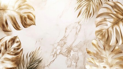 Luxury Wedding Cards with gold Tropical/botanical leaf decoration and marble background texture. Design Card for Summer and Spring Season time - Vector illustration