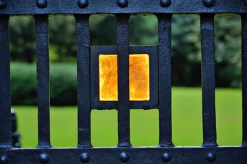 Ornamental metal gate with glowing panel