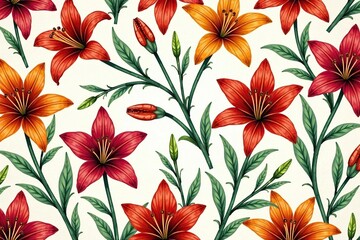 Intricate hand-drawn lilies & buds, dense repeat , ink, black