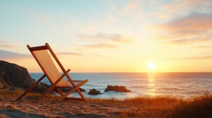 This breathtaking image captures a tranquil beach sunset with a wooden chair, inviting viewers to rest and absorb the beauty of nature's stunning colors and serene atmosphere.