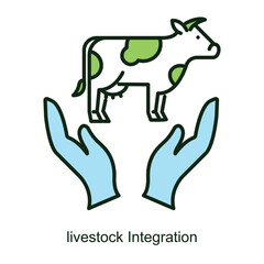 Vector icon for Livestock Integration with Cow in Hands. Emphasizes the importance of integrating livestock into sustainable farming systems for resource optimization.