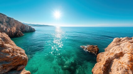 Fototapeta premium A sunny, bright seascape featuring turquoise waters and rocky formations, encapsulating the essence of relaxation, summer vibes, and the beauty of coastal landscapes under the sun.