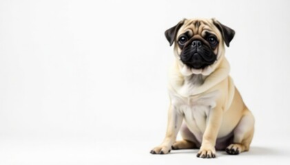 Obraz premium Adorable pug dog sits alone, white background, adorable, cute