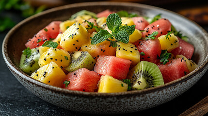 Colorful fruit salad with pineapple, watermelon, kiwi, and mint.