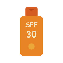 Simple flat illustration of an orange SPF 30 sunscreen bottle, ideal for summer, skincare, or vacation-related design projects. Vector illustration