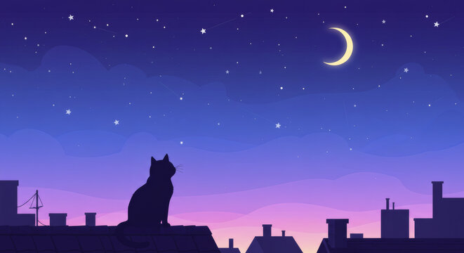 Whimsical vector of a cat sitting on a rooftop under a twilight sky, gazing at the stars and crescent moon. Soft purples and blues, clean lines, dreamy mood.

