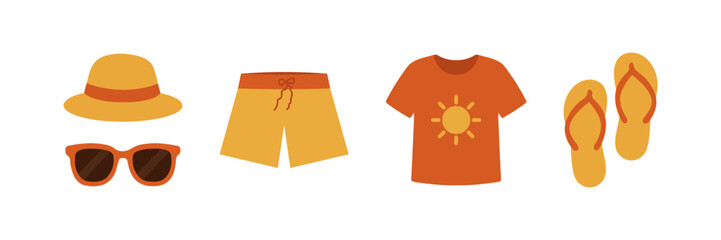 Collection of flat icons showing summer outfit essentials including hat, sunglasses, shorts, t-shirt with sun, and flip flops. Vector illustration