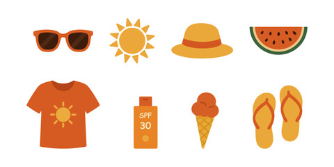 Collection of colorful flat icons representing summer essentials like sunglasses, sun, hat, ice cream, sunscreen, and flip flops. Vector illustration