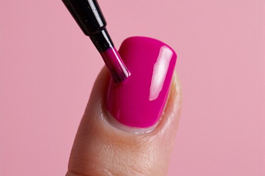 Close-up beauty shot focusing on a fingernail receiving a precise application of glossy, vibrant fuchsia pink nail polish from a brush during a manicure against a matching pink backdrop