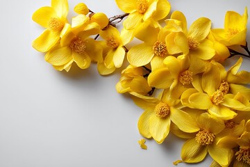 Obraz premium A background of yellow flowers on a white background, isolated with space for text.
