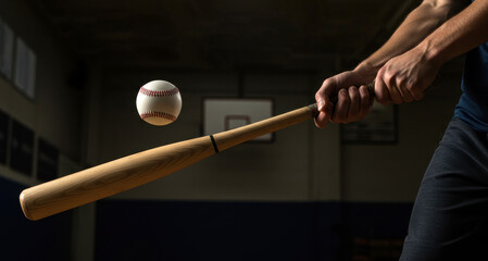 Man swinging a baseball bat about to hit a baseball in a sports hall. Action shot capturing the power and precision of a batting motion for sports media.