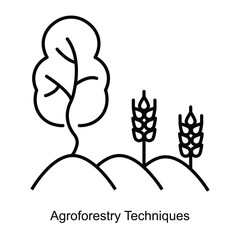 Vector icon for Agroforestry Techniques with Trees and Crops. Represents integrated land-use practices combining agriculture and forestry for sustainable farming.