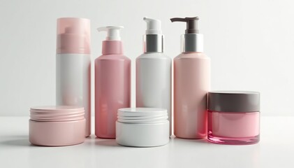 Various cosmetic containers on white Close-up view , background, shiny, template
