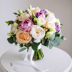 Obraz premium A beautiful spring bouquet for a bride, set on a rustic table, featuring vibrant flowers and romantic floral arrangements perfect for a rustic wedding or outdoor celebration.