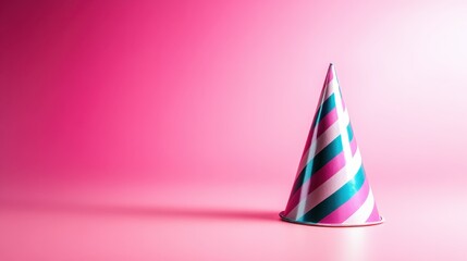 A playful pink and blue striped party hat is centered on a gradient pink background, enhancing the cheerful and celebratory vibe that this festive item embodies.