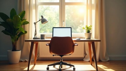 Empty chair at desk facing laptop, sunlit room, empty, alone