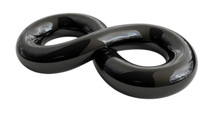 Black infinity sign, 3D cartoon plastic style, isolated on white background